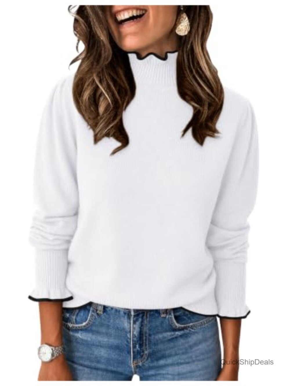Ruffle Mock Neck Puff Sleeve Pullover Sweater Lightweight Stretch Fall